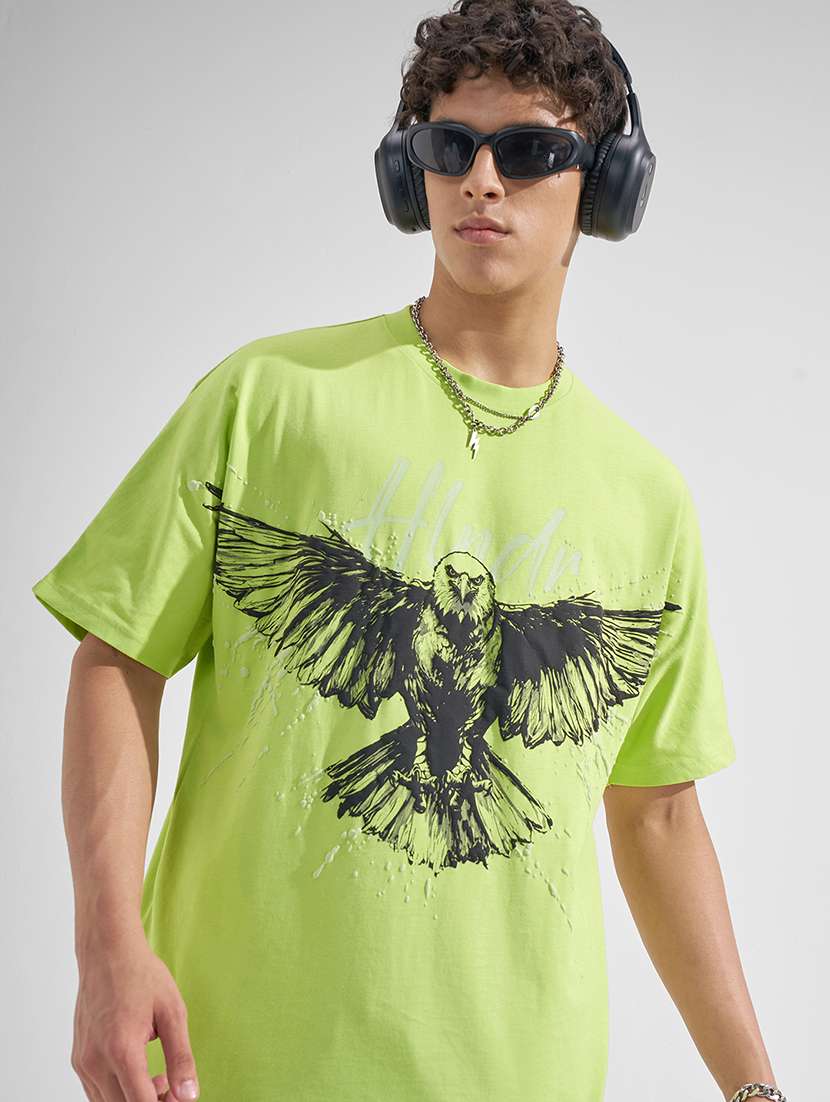 men lime graphic round neck cotton short sleeves t-shirt