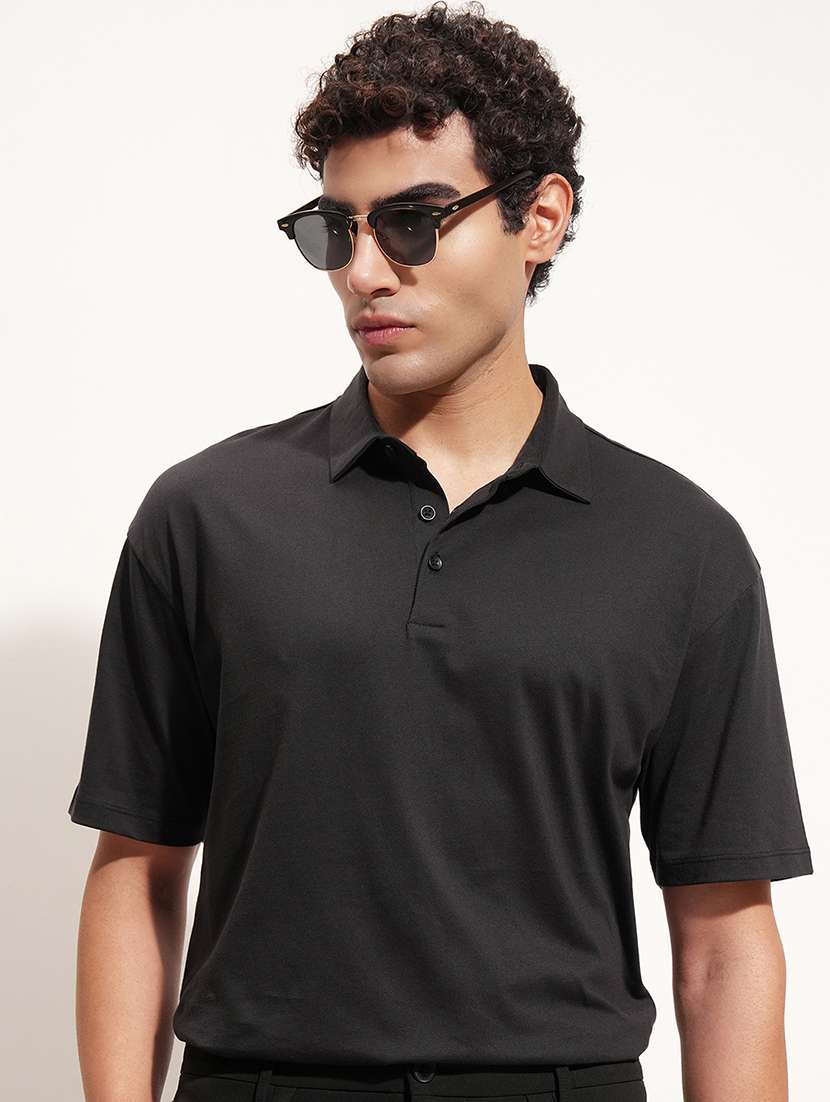 men black solids regular fit cotton polo t-shirt