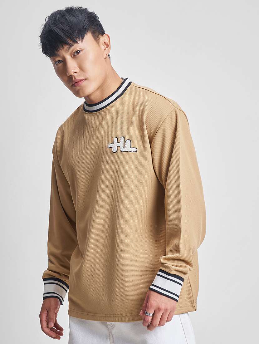 men beige polyester plain t-shirt