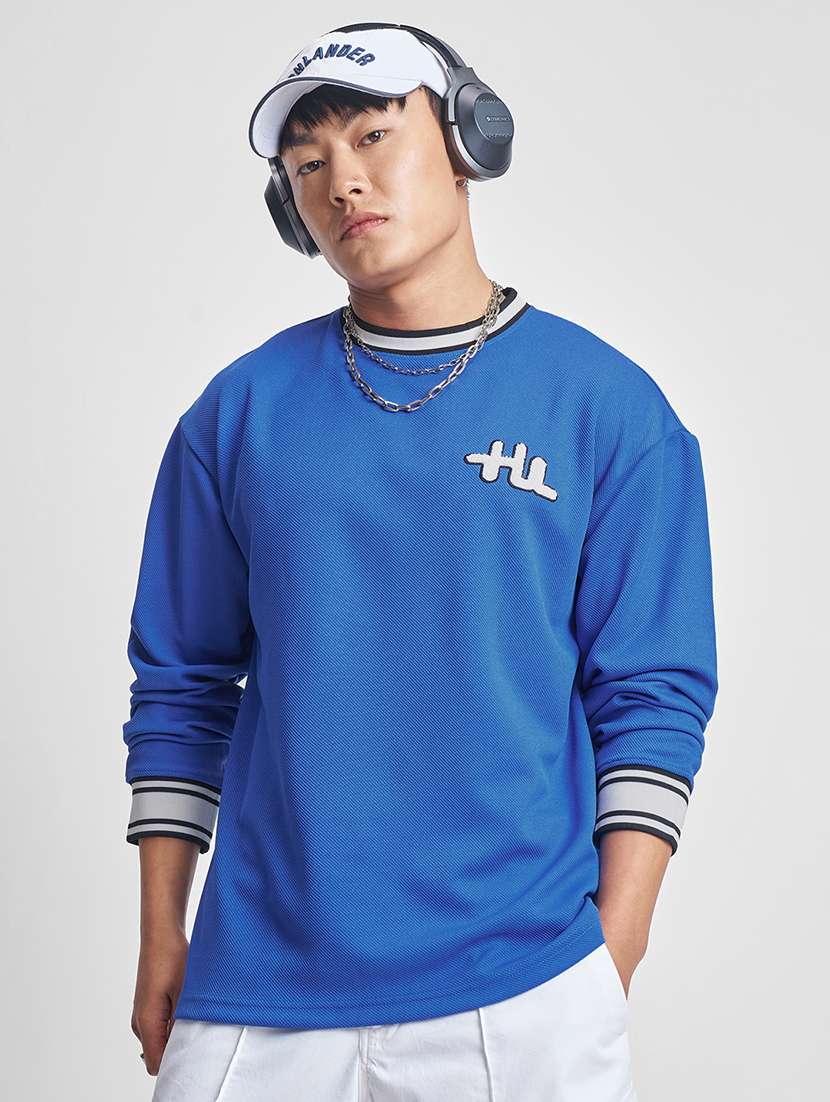 men blue polyester textured long sleeves t-shirt