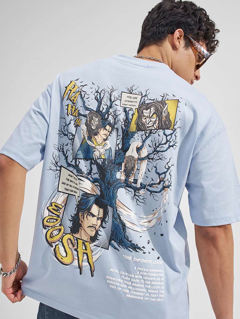 men blue print cotton blend t-shirt