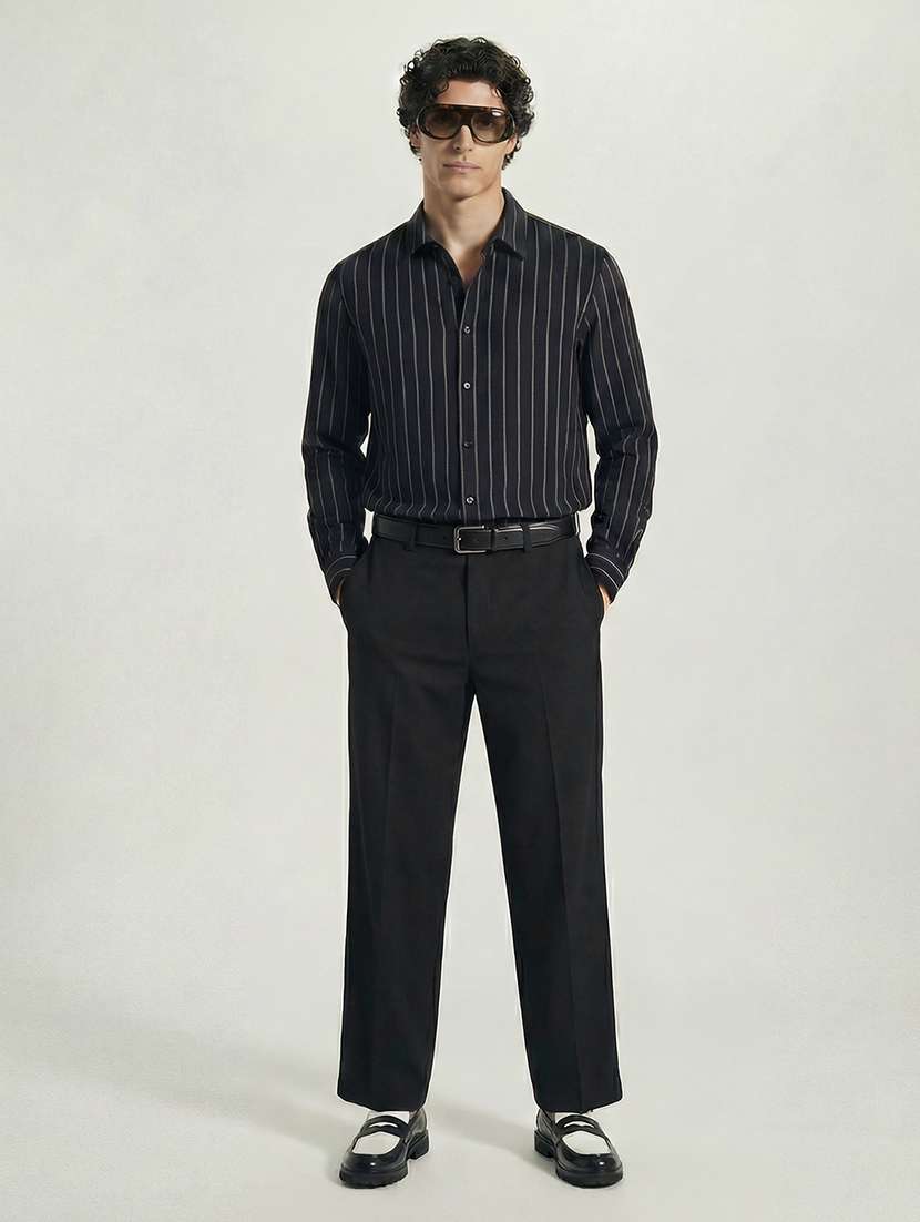 Men Black Cotton Regular Fit Solid Trouser - 22469460 -  Standard Image - 5
