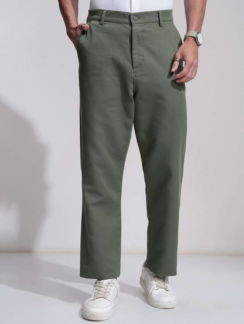 men olive cotton regular fit casual trousers