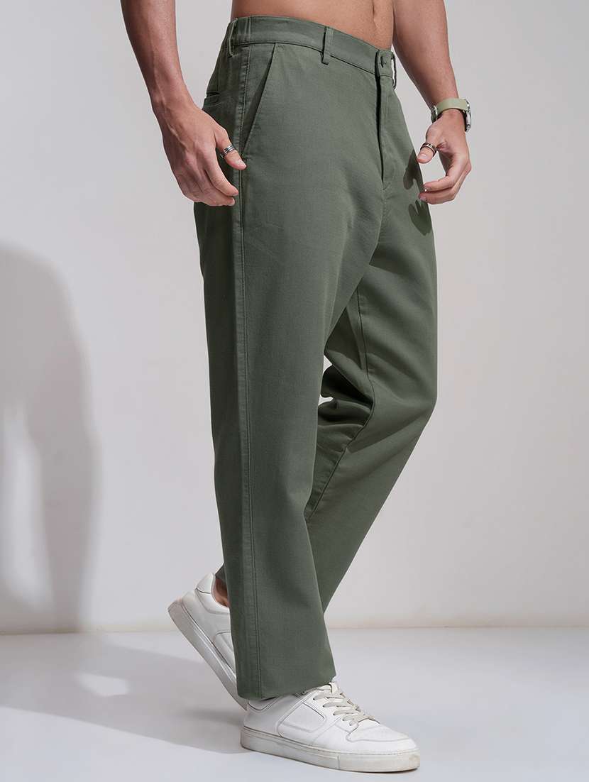 men olive cotton regular fit casual trousers - 22469463 -  Standard Image - 3