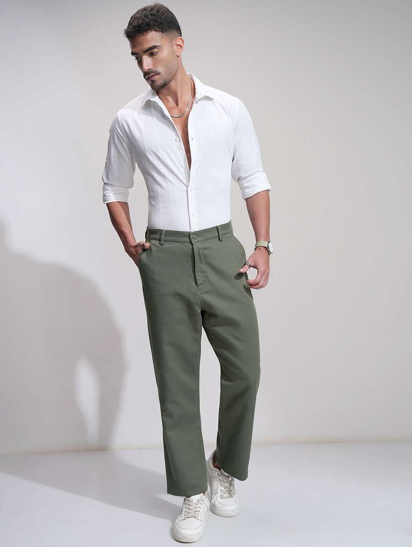 men olive cotton regular fit casual trousers - 22469463 -  Standard Image - 5