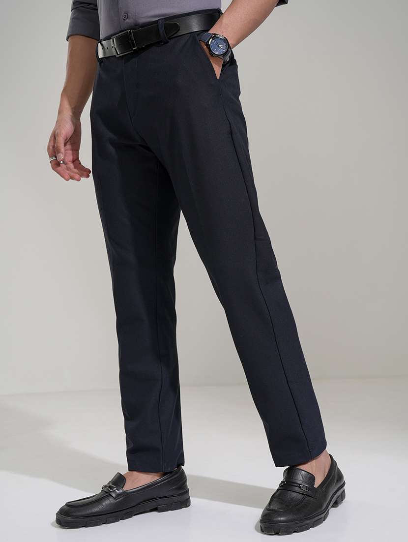 men solid mid rise full length formal trouser