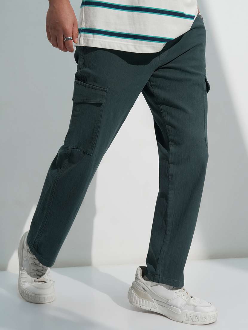 men teal cotton cargos trousers casual wear