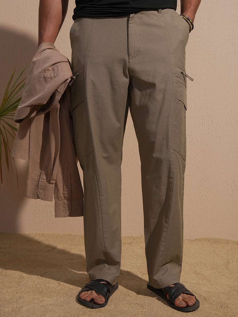 men beige cotton regular fit casual trousers