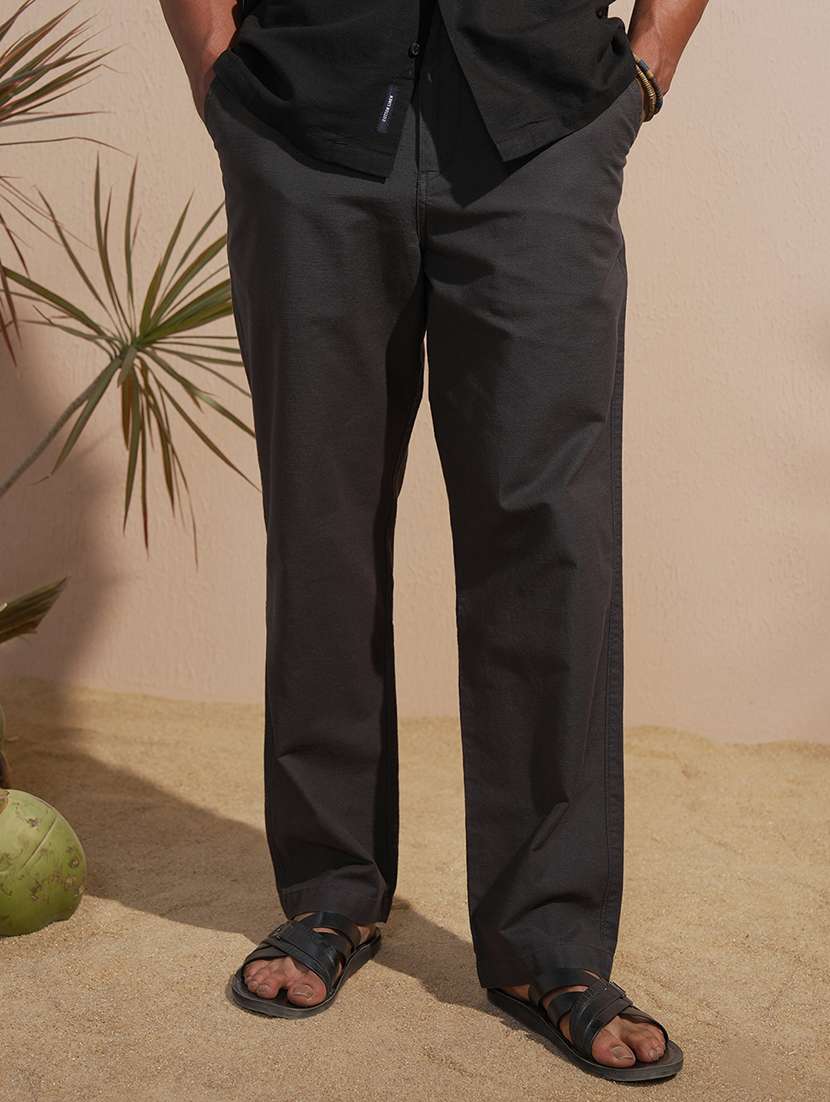 men solid black cotton regular fit trousers