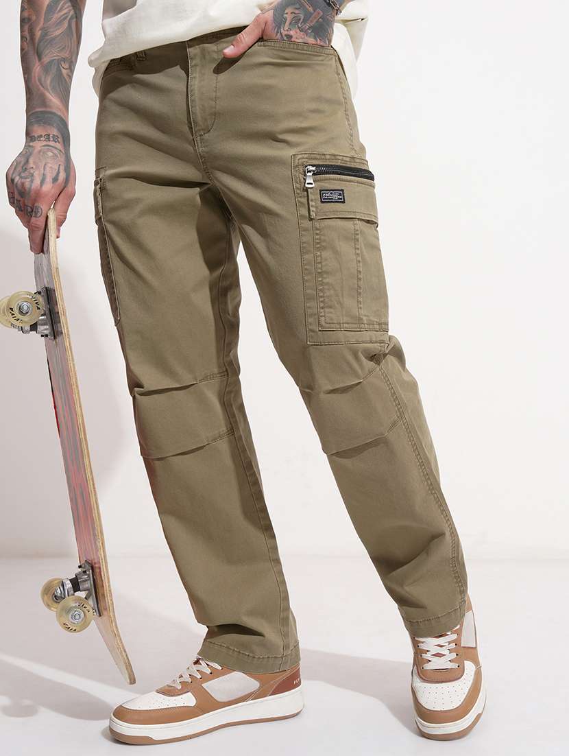 men brown cotton pleated casual trouser