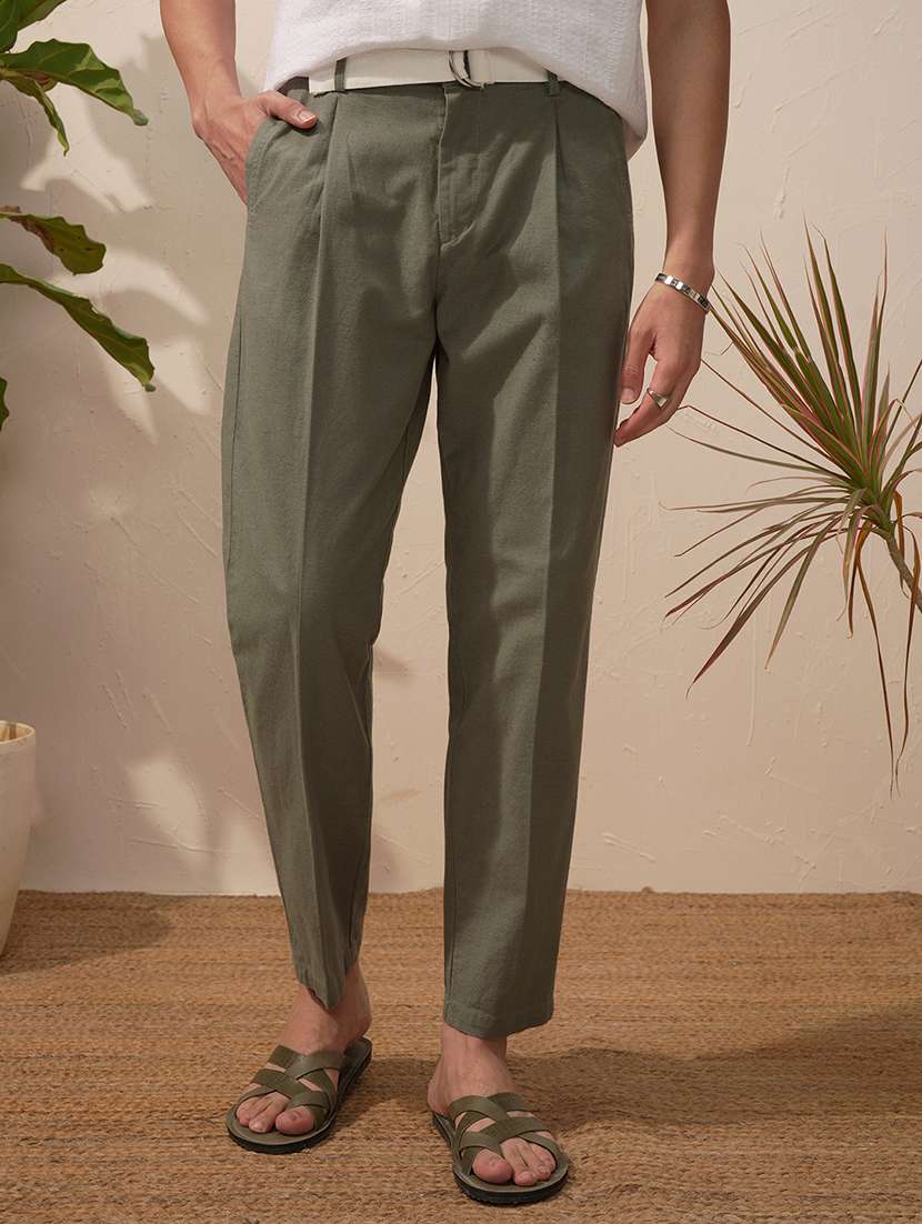 men green cotton pleated casual trouser