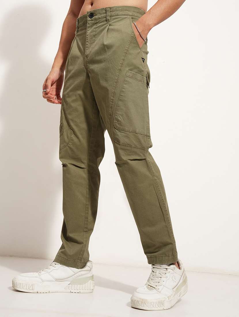 Men Pleated Olive Cotton Casual Trousers - 22469531 -  Standard Image - 3