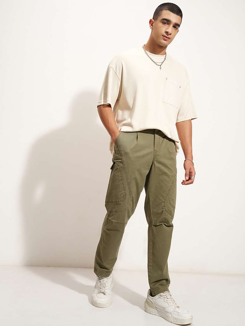 Men Pleated Olive Cotton Casual Trousers - 22469531 -  Standard Image - 5