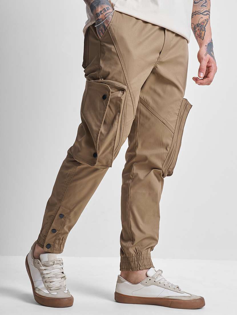 men khaki polyester casual trouser