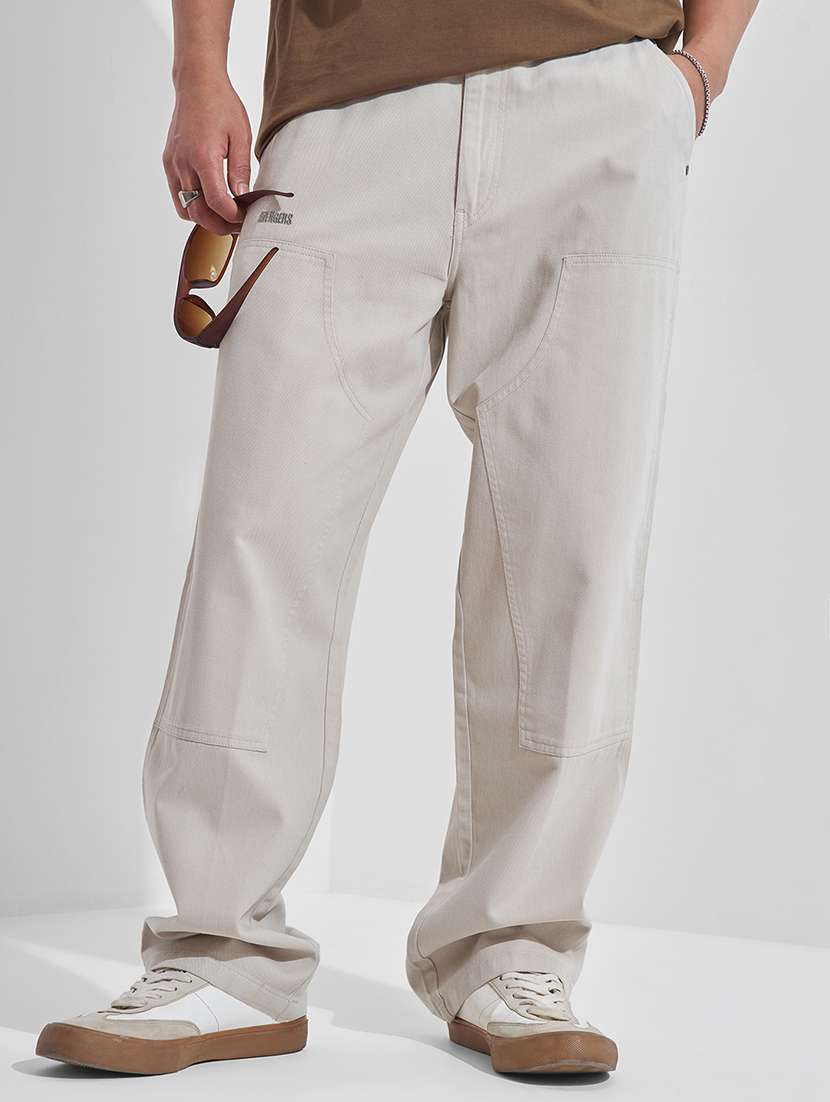 men solid mid rise baggy cargo