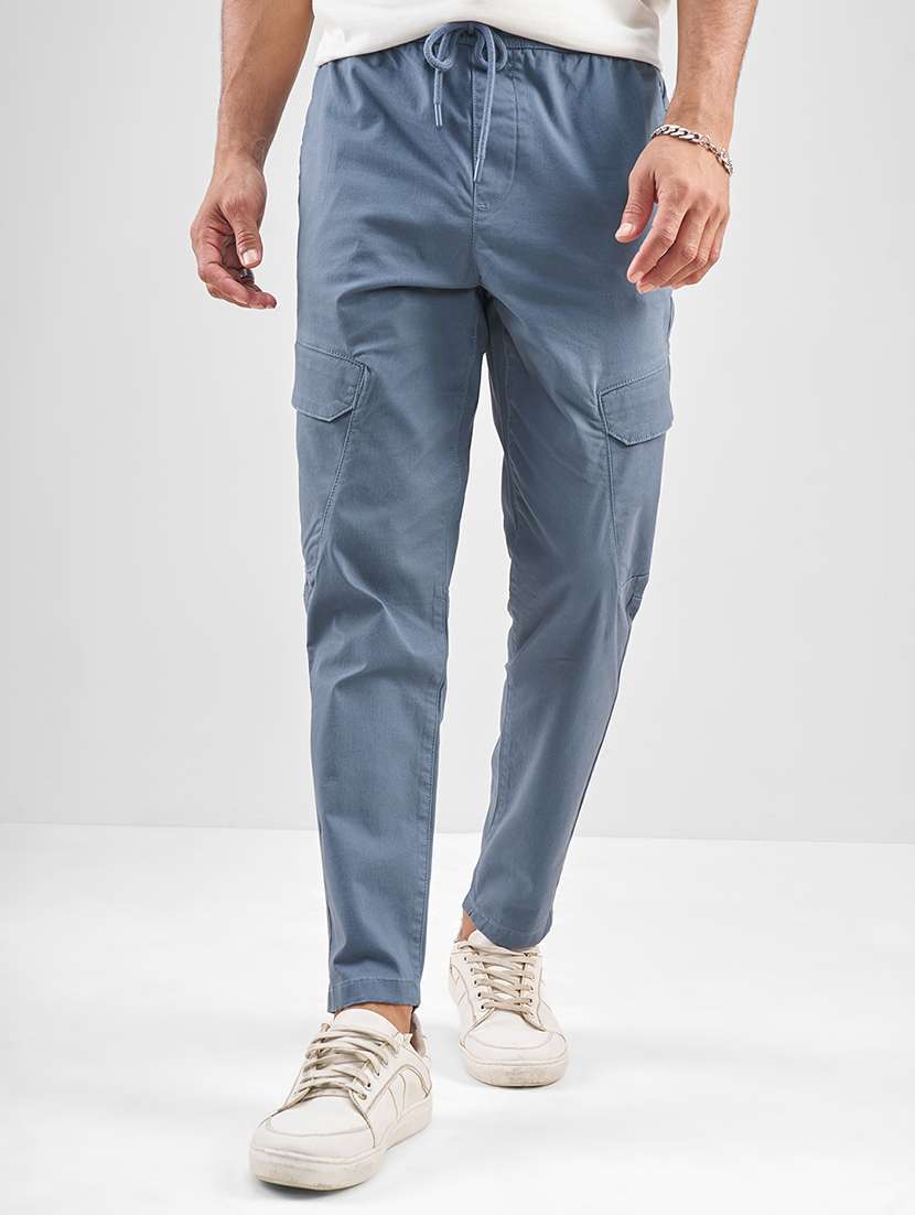 men blue cotton casual trouser