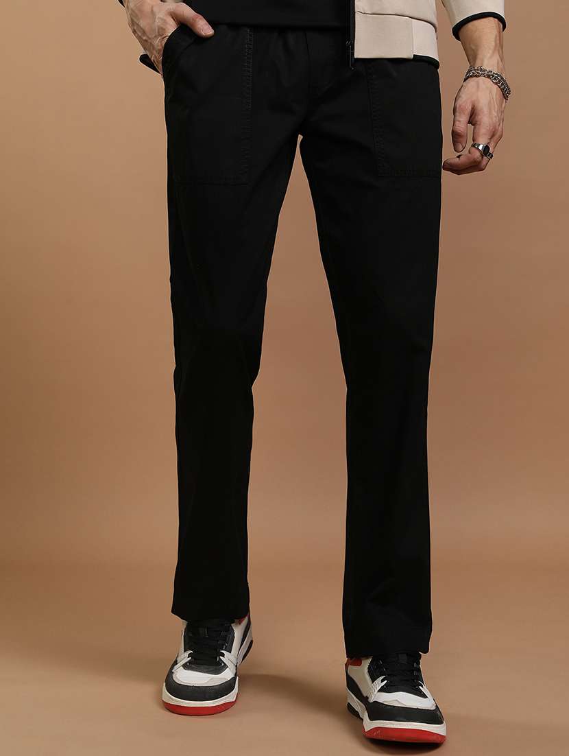men solid mid rise flat front casual trouser