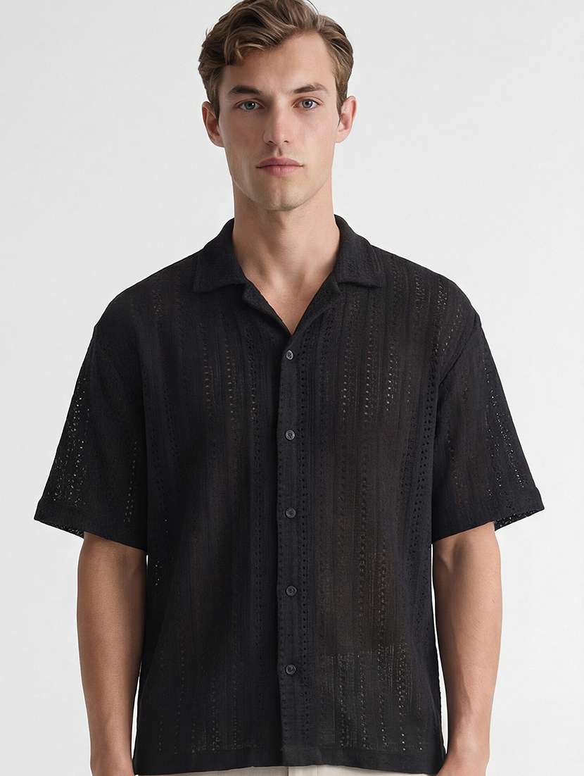 men self design cotton cuban collar shirt