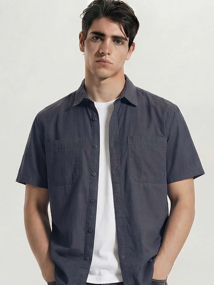 men blue cotton casual shirt