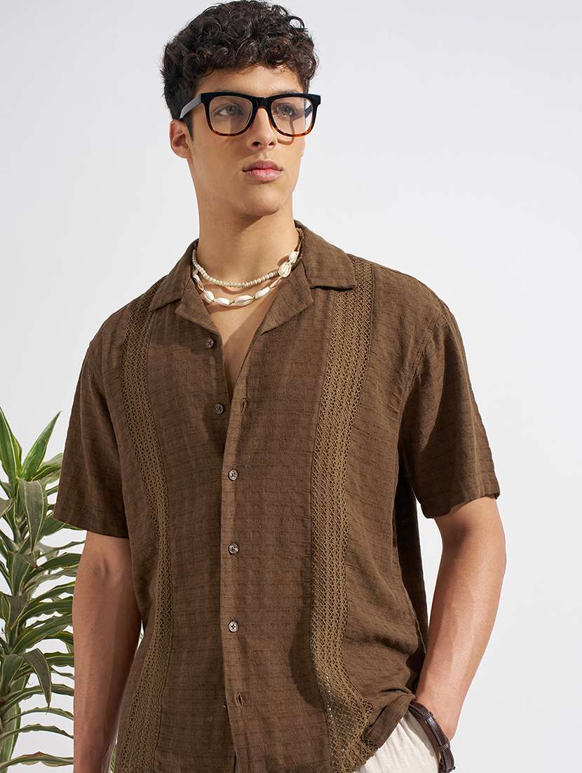 men brown cotton casual shirt