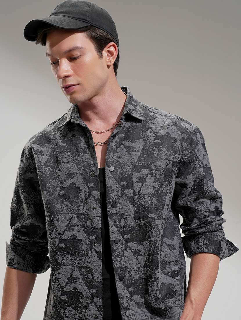 men collared charcoal self design regular fit shirt