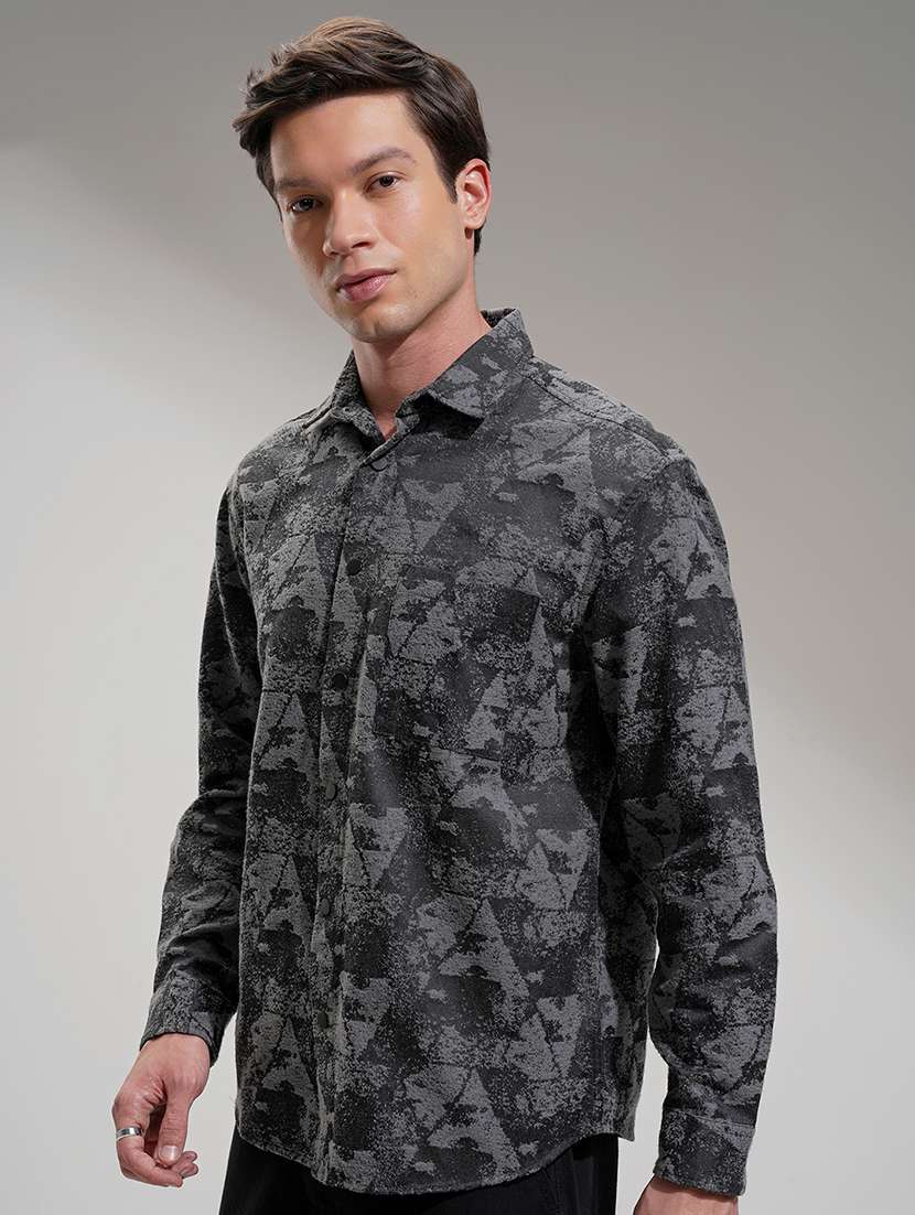 men collared charcoal self design regular fit shirt - 22469723 -  Standard Image - 3