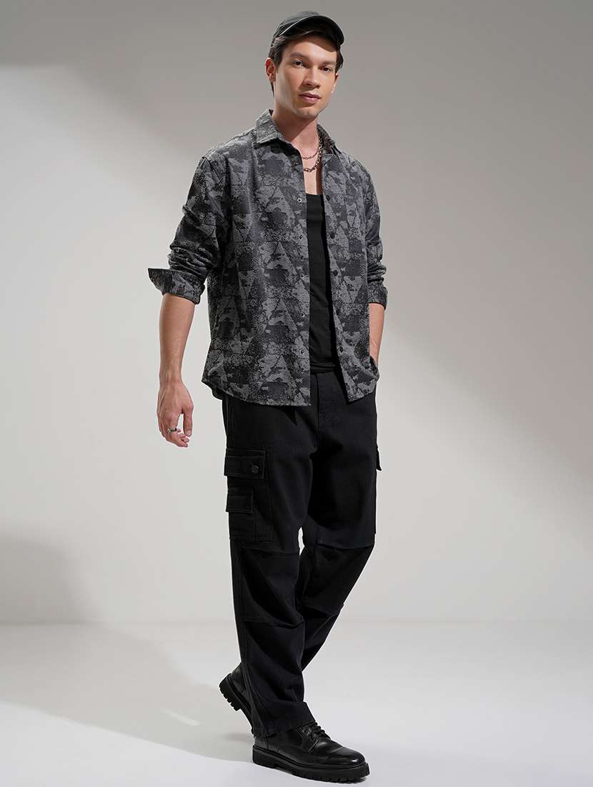men collared charcoal self design regular fit shirt - 22469723 -  Standard Image - 5