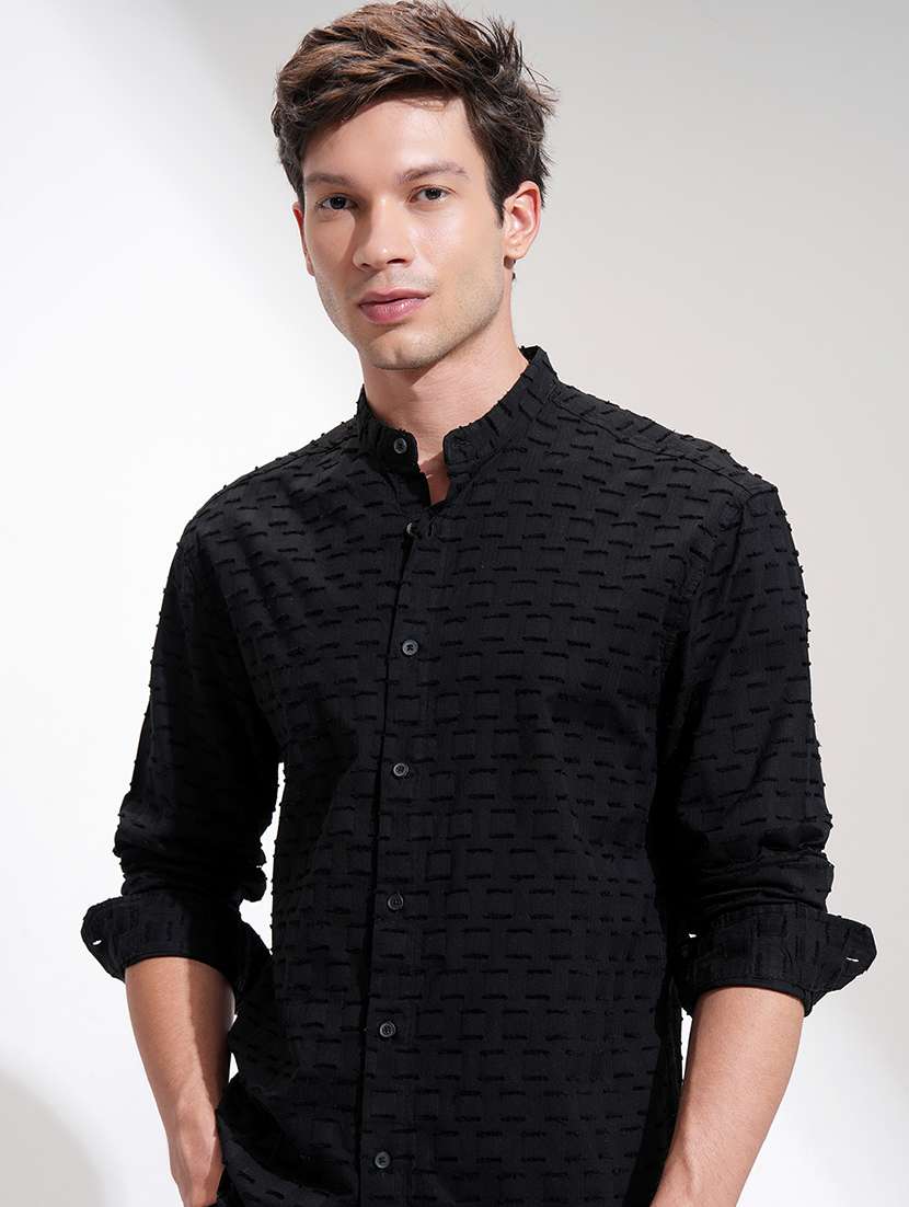 men self design long sleeve regular fit casual shirt