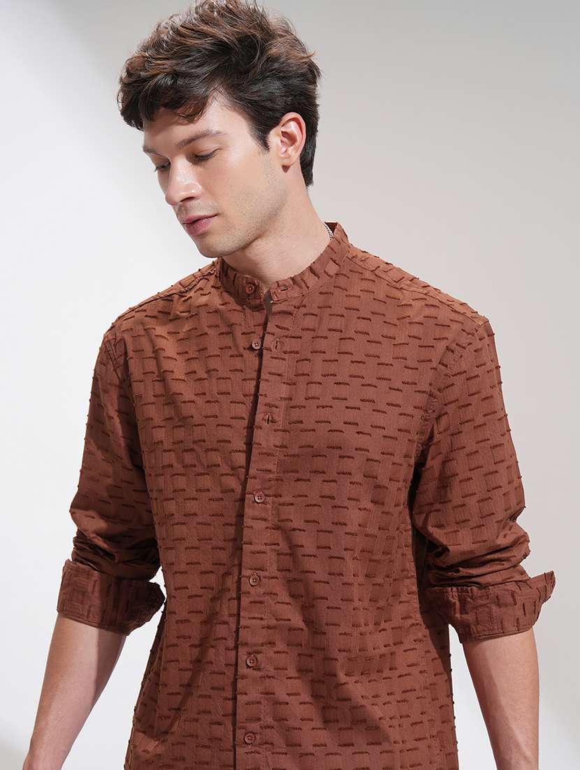 men self design long sleeve regular fit casual shirt
