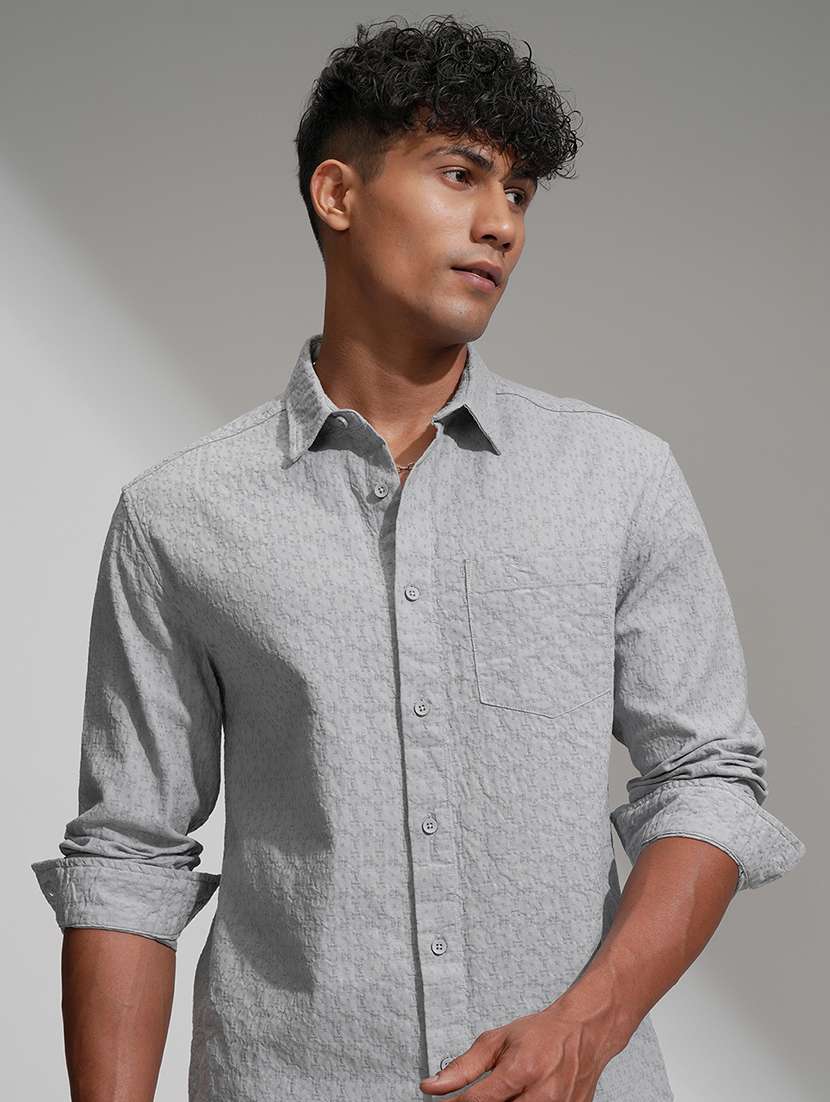 men self design long sleeve regular fit casual shirt