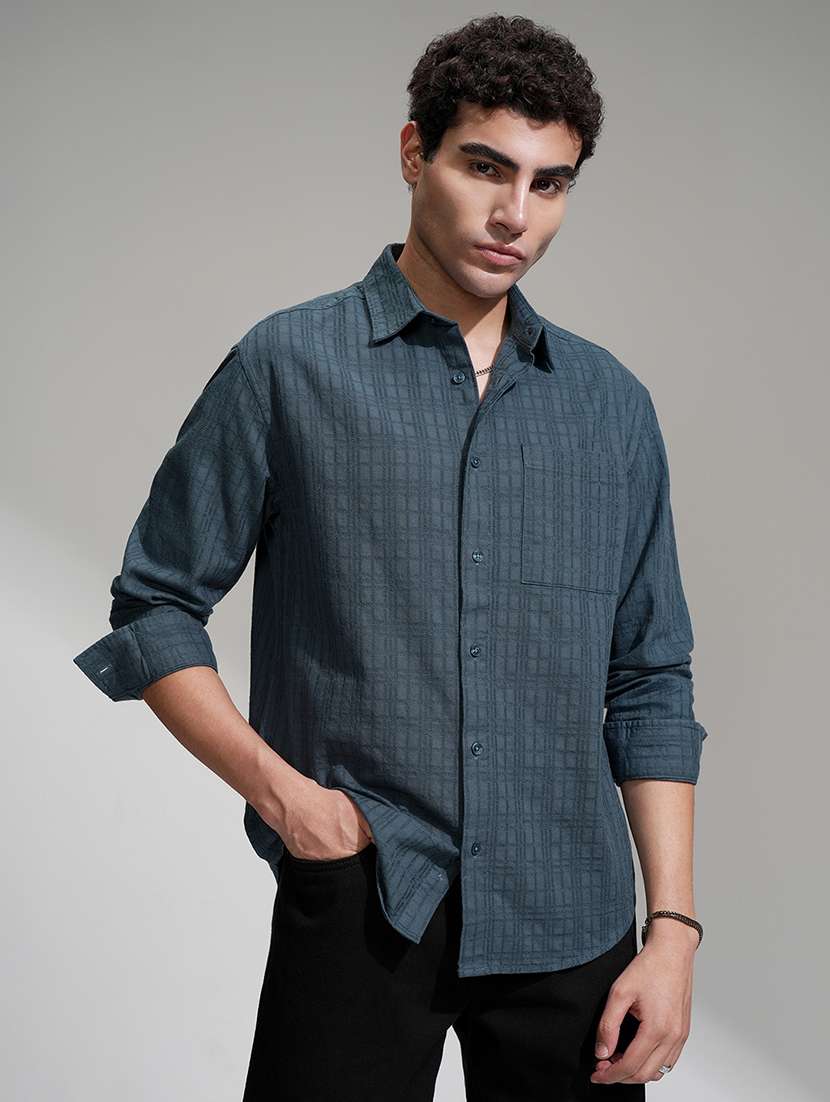 men self design long sleeve regular fit casual shirt