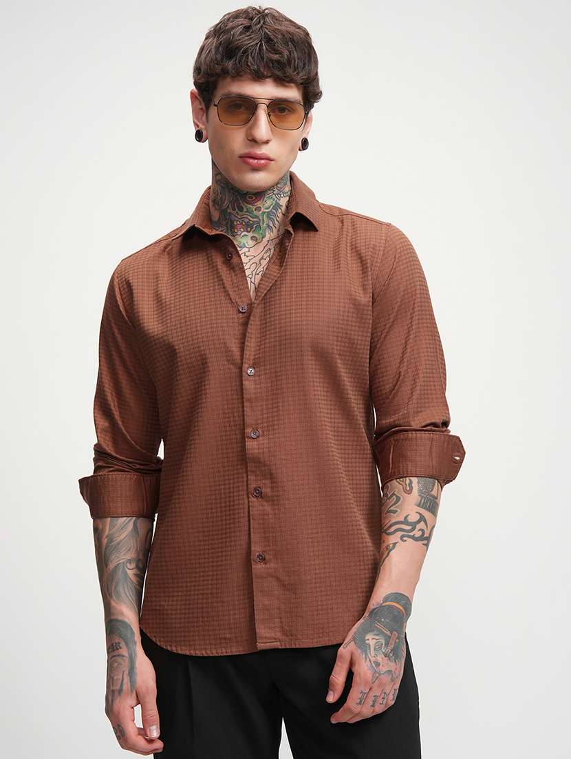 men self design long sleeve regular fit casual shirt