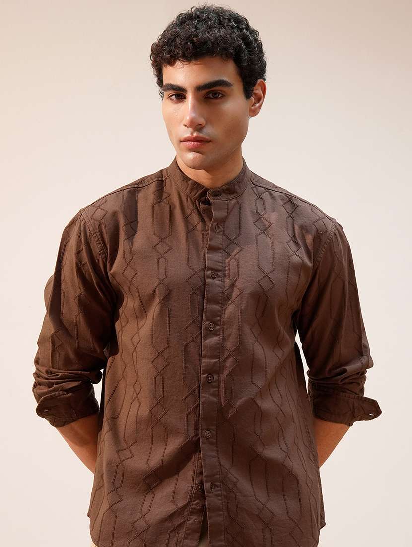 men mandarin collared long sleeve casual shirt