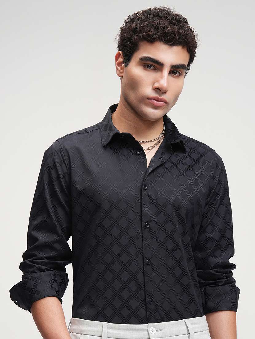 men self design long sleeve regular fit casual shirt