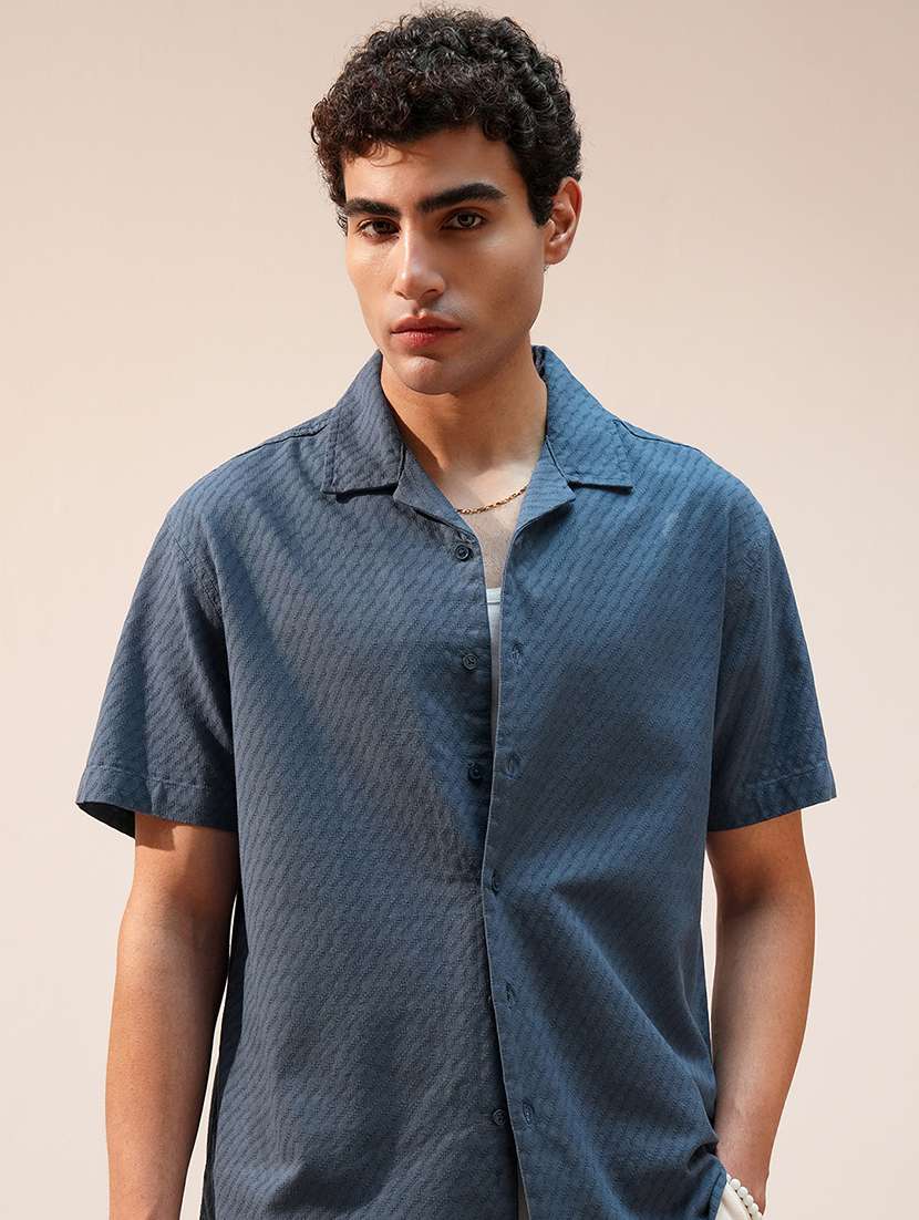 men blue cotton self design cuban collar shirt