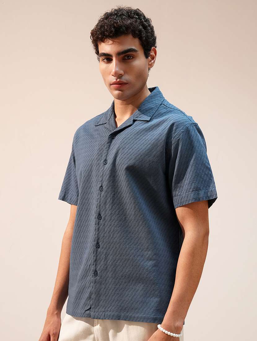 men blue cotton self design cuban collar shirt - 22469772 -  Standard Image - 3