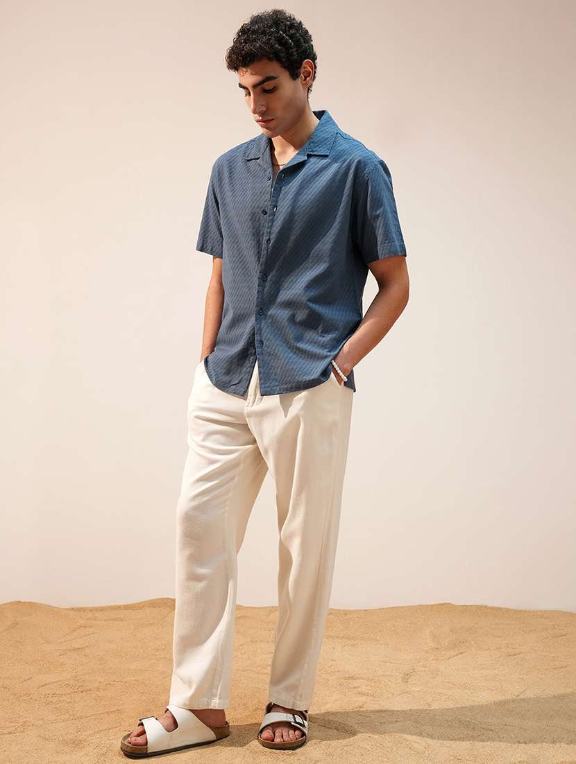 men blue cotton self design cuban collar shirt - 22469772 -  Standard Image - 5