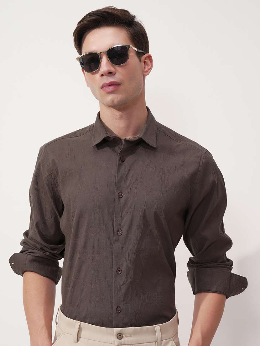 men coffee brown polyester casual shirt