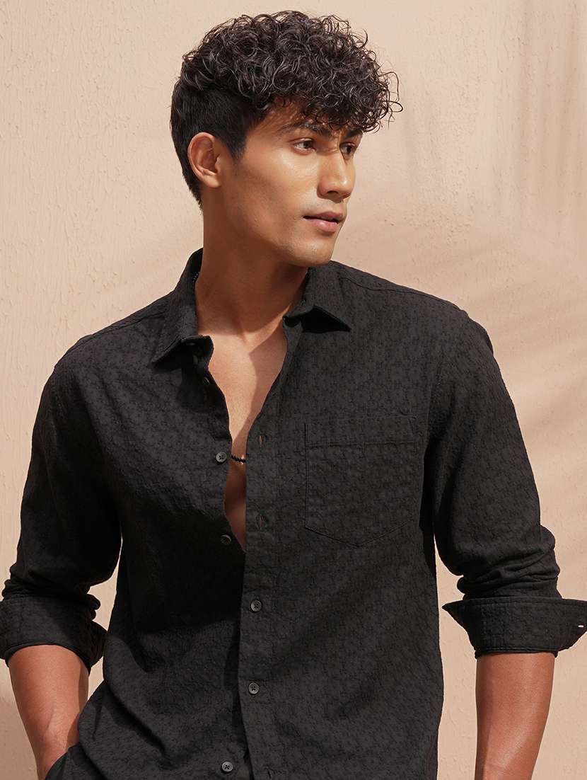 men self design long sleeve regular fit casual shirt