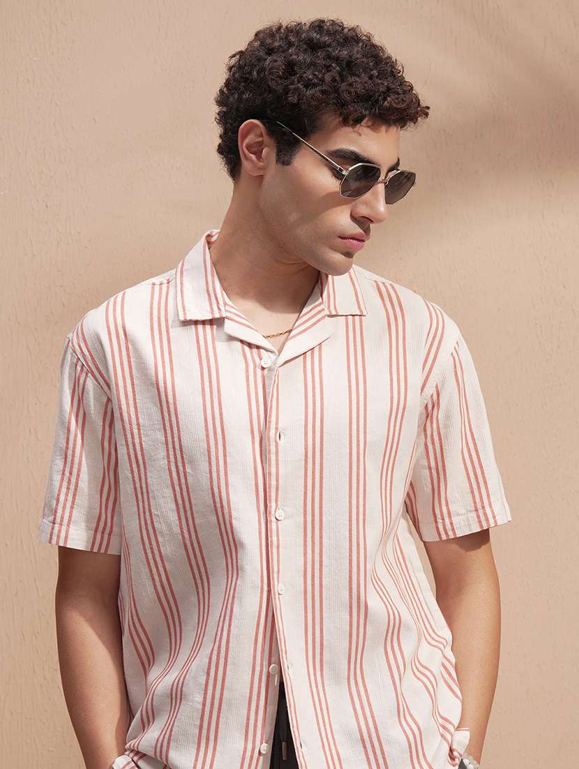 men striped short sleeve regular fit casual shirt