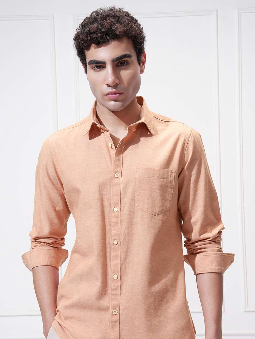 men peach cotton casual shirt