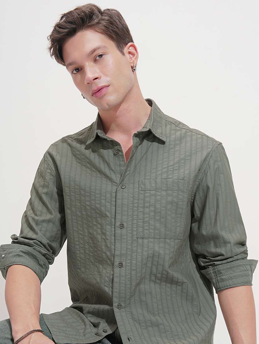 men self design long sleeve regular fit casual shirt