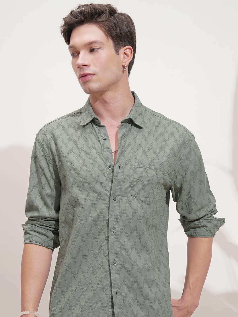 men self design long sleeve regular fit casual shirt