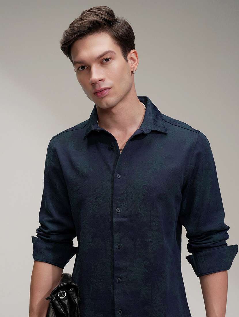 men navy blue cotton casual shirt