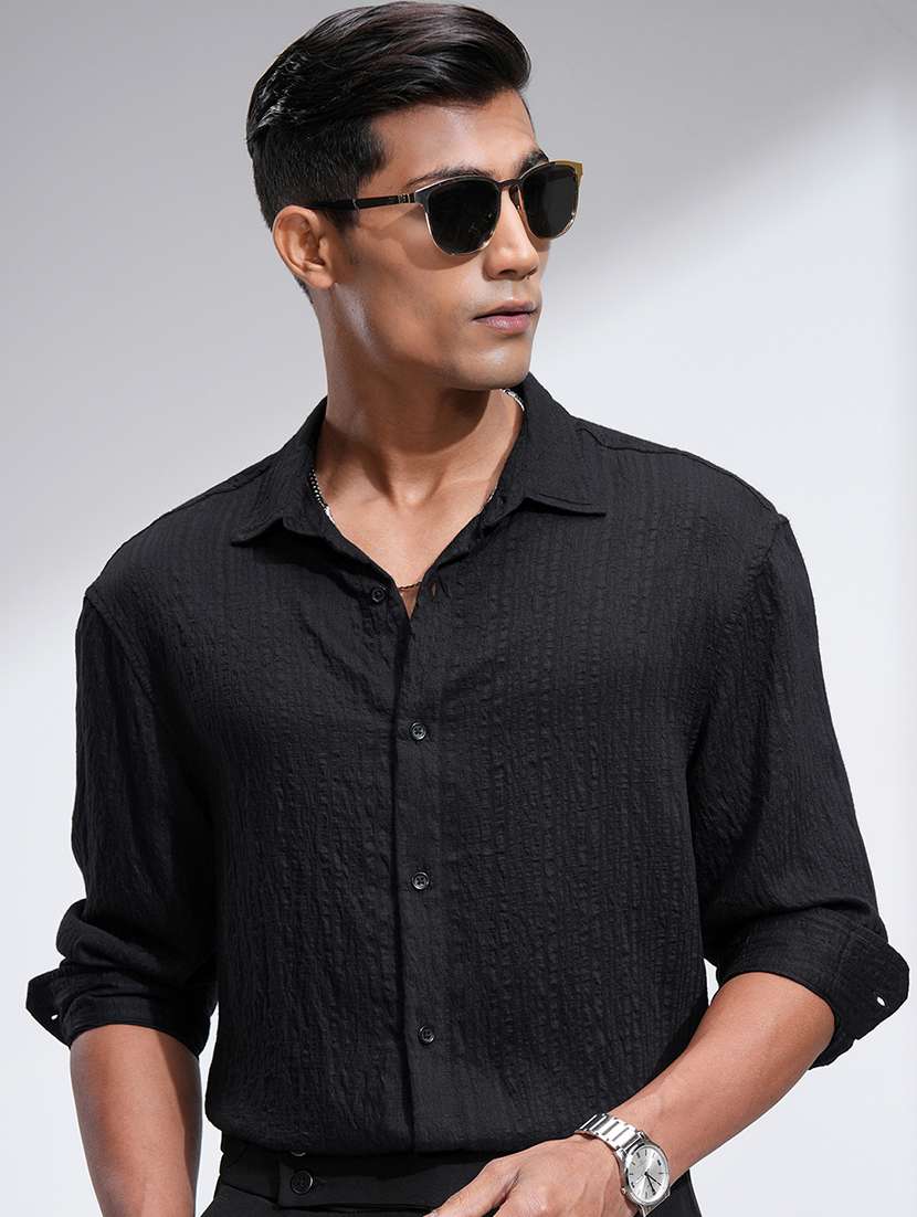 men self design long sleeve regular fit casual shirt