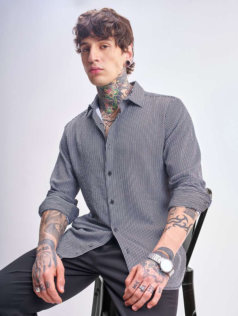men striped long sleeve regular fit casual shirt