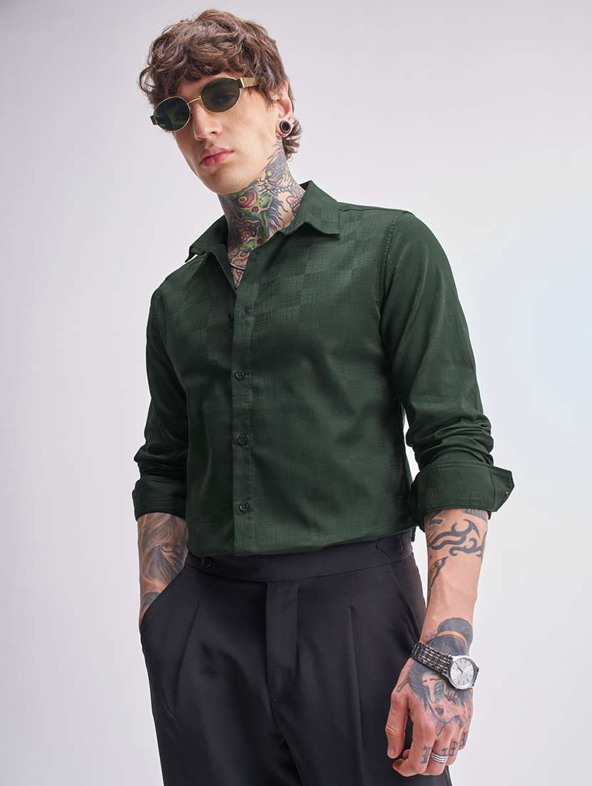 men self design long sleeve regular fit casual shirt
