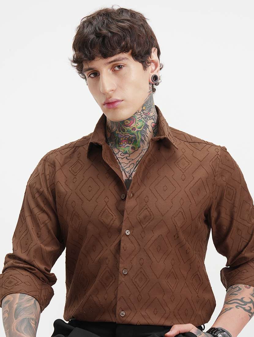 men self design long sleeve regular fit casual shirt
