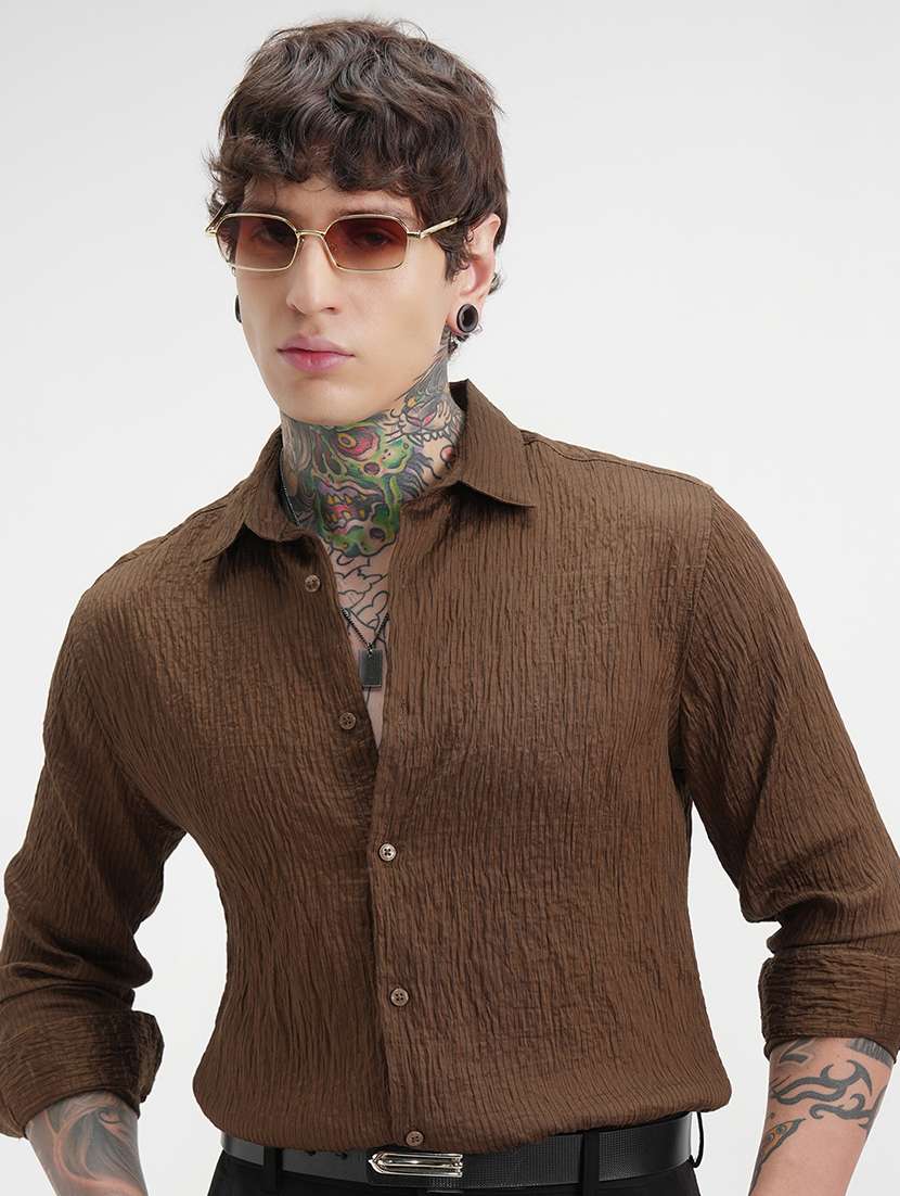 men textured long sleeve regular fit casual shirt
