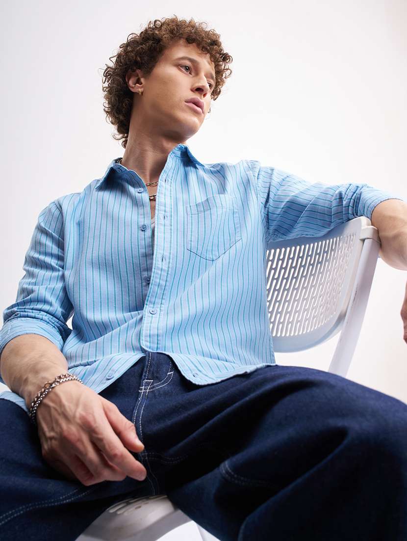 men striped long sleeve regular fit casual shirt